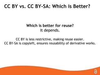 CC BY vs. CC BY-SA: Which Is Better?
Which is better for reuse?
It depends.
CC BY is less restrictive, making reuse easier.
CC BY-SA is copyleft, ensures reusability of derivative works.
 