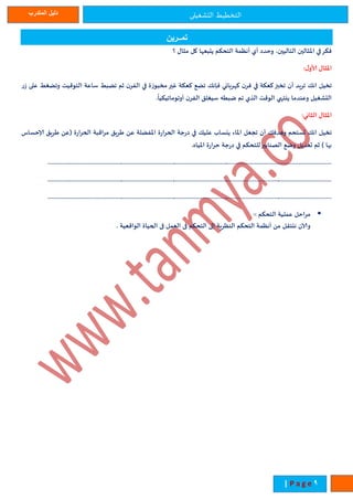 ‫التشغيلى‬ ‫التخطيط‬‫المتدرب‬ ‫دليل‬
9| P a g e
‫تمـــرين‬
‫ا‬ ‫مثاة‬ ‫كل‬ ‫ا‬ ‫يتبع‬ ‫التحكم‬ ‫أنظمة‬ ‫أي‬ ‫وحدد‬ ،‫التالييا‬ ‫ثاليا‬ ‫ا‬ ‫في‬‫فكر‬
‫ة‬‫ألاو‬ ‫ثاة‬ ‫ا‬
‫ر‬‫ز‬ ‫على‬ ‫وتةغط‬ ‫التوقي‬ ‫ساعة‬ ‫تةبط‬ ‫ثم‬ ‫ا‬‫الفر‬ ‫في‬ ‫مخبوزة‬‫غير‬ ‫كعكة‬ ‫تةع‬ ‫فإنل‬ ‫ربائي‬ ‫ك‬ ‫ا‬‫فر‬ ‫في‬ ‫كعكة‬‫تخبز‬ ‫أا‬ ‫تريد‬ ‫انل‬ ‫تخيل‬
‫اليي‬ ‫الوق‬ ‫يهتهي‬ ‫وعندما‬ ‫التشغيل‬
‫ى‬
‫أوتوماتيكيا‬ ‫ا‬‫الفر‬ ‫سيغلن‬ ‫ضبطه‬ ‫تم‬
‫الثاني‬ ‫ثاة‬ ‫ا‬
‫إلاحساس‬ ‫إرين‬ ‫(ع‬ ‫الحرارة‬ ‫مراقبة‬ ‫إرين‬ ‫ع‬ ‫فةلة‬ ‫ا‬ ‫الحرارة‬ ‫درجة‬ ‫في‬ ‫عليل‬ ‫يهساب‬ ‫اء‬ ‫ا‬ ‫تاعل‬ ‫أا‬ ‫وهدفل‬ ‫تستحم‬ ‫انل‬ ‫تخيل‬
‫ياه‬ ‫ا‬ ‫حرارة‬ ‫درجة‬ ‫في‬ ‫للتحكم‬‫الصنابير‬ ‫وضع‬ ‫تعديل‬ ‫ثم‬ ) ‫بها‬
‫مراحل‬‫التحكم‬ ‫عملية‬-
‫الواقعية‬ ‫الحياة‬ ‫فى‬ ‫العمل‬ ‫فى‬ ‫التحكم‬ ‫الى‬ ‫النظرية‬ ‫التحكم‬ ‫أنظمة‬ ‫م‬ ‫نهتقل‬ ‫ا‬ ‫و‬
 