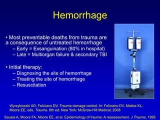 • Most preventable deaths from trauma are
a consequence of untreated hemorrhage
– Early = Exsanguination (80% in hospital)
– Late = Multiorgan failure & secondary TBI
• Initial therapy:
– Diagnosing the site of hemorrhage
– Treating the site of hemorrhage
– Resuscitation
Hemorrhage
Wyrzykowski AD, Feliciano DV. Trauma damage control. In: Feliciano DV, Mattox KL,
Moore EE, eds. Trauma. 6th ed. New York: McGraw-Hill Medical; 2008
Sauaia A, Moore FA, Moore EE, et al. Epidemiology of trauma: A reassessment. J Trauma, 1995
 