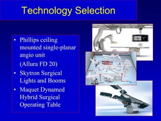 Technology Selection
• Phillips ceiling
mounted single-planar
angio unit
(Allura FD 20)
• Skytron Surgical
Lights and Booms
• Maquet Dynamed
Hybrid Surgical
Operating Table
 