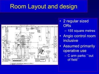 Room Layout and design
• 2 regular sized
ORs
– 155 square metres
• Angio control room
inclusive
• Assumed primarily
operative use
– C arm parks ``out
of field``
 