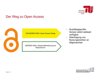 Der Weg zu Open Access
Seite 12
GOLDENER WEG: Open Access Verlag
GRÜNER WEG: Zweitveröffentlichung auf
Repositorium
 Qualitätsgeprüfte
Version sofort weltweit
verfügbar
 Übertragung von
Nutzungsrechten an
Allgemeinheit
 