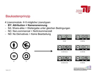 Baukastenprinzip
Seite 22
4 Lizenzmodule  6 mögliche Lizenztypen
 BY: Attribution = Namensnennung
 SA: Share-alike = Weitergabe unter gleichen Bedingungen
 NC: Non-commercial = Nicht-kommerziell
 ND: No Derivatives = Keine Bearbeitung
 