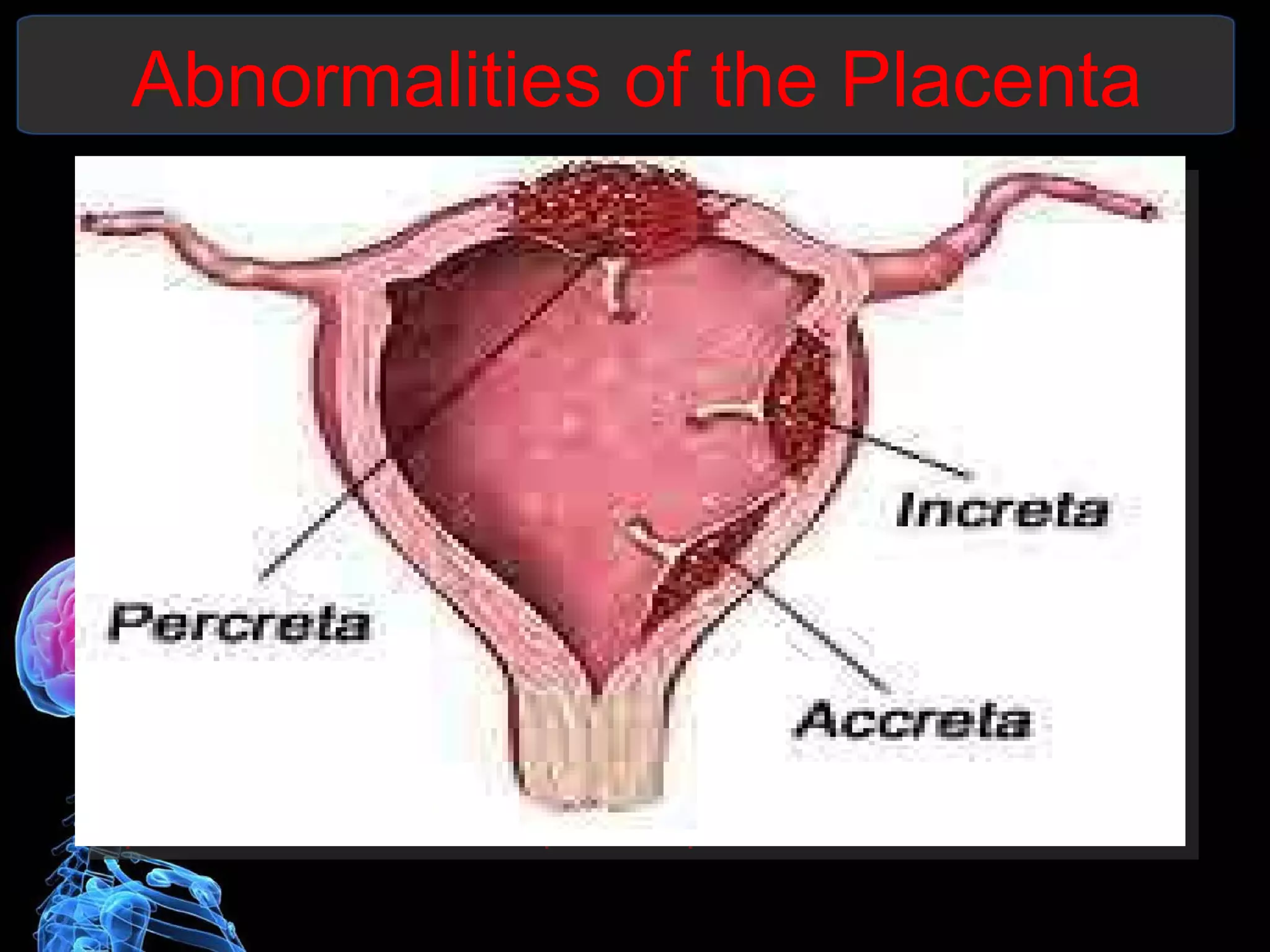 Abnormalities of the Placenta Abnormal Weight The placenta increases in size and weight as in congenital syphilis, hydropsfoetalis and diabetes mellitus. Abnormal Position Placenta Praevia: The placenta is partly or completely attached to the lower uterine segment. Abnormal Adhesion Placenta Accreta: The chorionic villi penetrate deeply into the uterine wall to reach the myometrium, due to deficient deciduabasalis. When the villi penetrate deeply into the myometrium, it is called "placenta increta" and when they reach the peritoneal coat it is called "placenta percreta". 