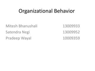 Organizational Behavior
Mitesh Bhanushali 13009933
Satendra Negi 13009952
Pradeep Wayal 10009359
 