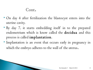  On day 4 after fertilization the blastocyst enters into the 
uterine cavity. 
 By day 7, it starts embedding itself in to the prepared 
endometrium which is know called the decidua and this 
process is called implantation. 
 Implantation is an event that occurs early in pregnancy in 
which the embryo adheres to the wall of the uterus. 
By Alemyehu T March 22-2014 13 
 