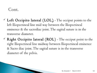  Left Occipito lateral (LOL) - The occiput points to the 
left Iliopectineal line mid way between the Iliopectineal 
eminence & the sacroiliac joint. The sagital suture is in the 
transverse diameter. 
 Right Occipito lateral (ROL) - The occiput point to the 
right Iliopectineal line midway between Iliopectineal eminence 
& Sacro iliac joint. The sagital suture is in the transverse 
diameter of the pelvis. 
By Alemyehu T March 22-2014 162 
 