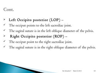  Left Occipito posterior (LOP) – 
 The occiput points to the left sacroiliac joint. 
 The sagital suture is in the left oblique diameter of the pelvis. 
 Right Occipito posterior (ROP) – 
 The occiput point to the right sacroiliac joint. 
 The sagital suture is in the right oblique diameter of the pelvis. 
By Alemyehu T March 22-2014 163 
 