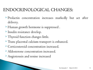  Prolactin concentration increases markedly but act after 
delivery. 
 Human growth hormone is suppressed . 
 Insulin resistance develop. 
 Thyroid function changes little. 
 Trans placental calcium transport is enhanced. 
 Corticosteroid concentration increased. 
 Aldosterone concentration increased. 
 Angiotensin and renine increased 
By Alemyehu T March 22-2014 31 
 