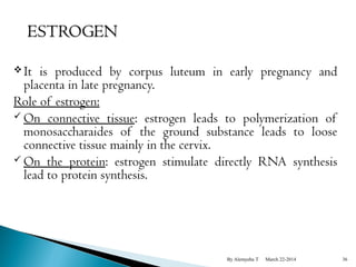 It is produced by corpus luteum in early pregnancy and 
placenta in late pregnancy. 
Role of estrogen: 
On connective tissue: estrogen leads to polymerization of 
monosaccharaides of the ground substance leads to loose 
connective tissue mainly in the cervix. 
On the protein: estrogen stimulate directly RNA synthesis 
lead to protein synthesis. 
By Alemyehu T March 22-2014 36 
 