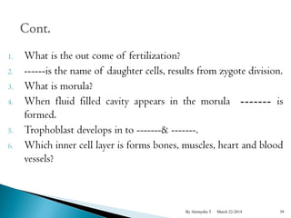 1. What is the out come of fertilization? 
2. ------is the name of daughter cells, results from zygote division. 
3. What is morula? 
4. When fluid filled cavity appears in the morula ------- is 
formed. 
5. Trophoblast develops in to -------& -------. 
6. Which inner cell layer is forms bones, muscles, heart and blood 
vessels? 
By Alemyehu T March 22-2014 39 
 