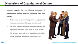 Slide 6 www.edureka.co/organizational-behaviour
Research suggests that the following dimensions of
organizational culture separate companies from one
another:
 Routine ways of communicating, such as organizational
rituals and ceremonies and language commonly used.
 The norms shared by individuals and teams throughout the
organization; like ‘do not do too much; do not do too little’.
 The dominant values help by the organization such as high
product quality, low absenteeism, high efficiency, etc.
Dimensions of Organizational Culture
 