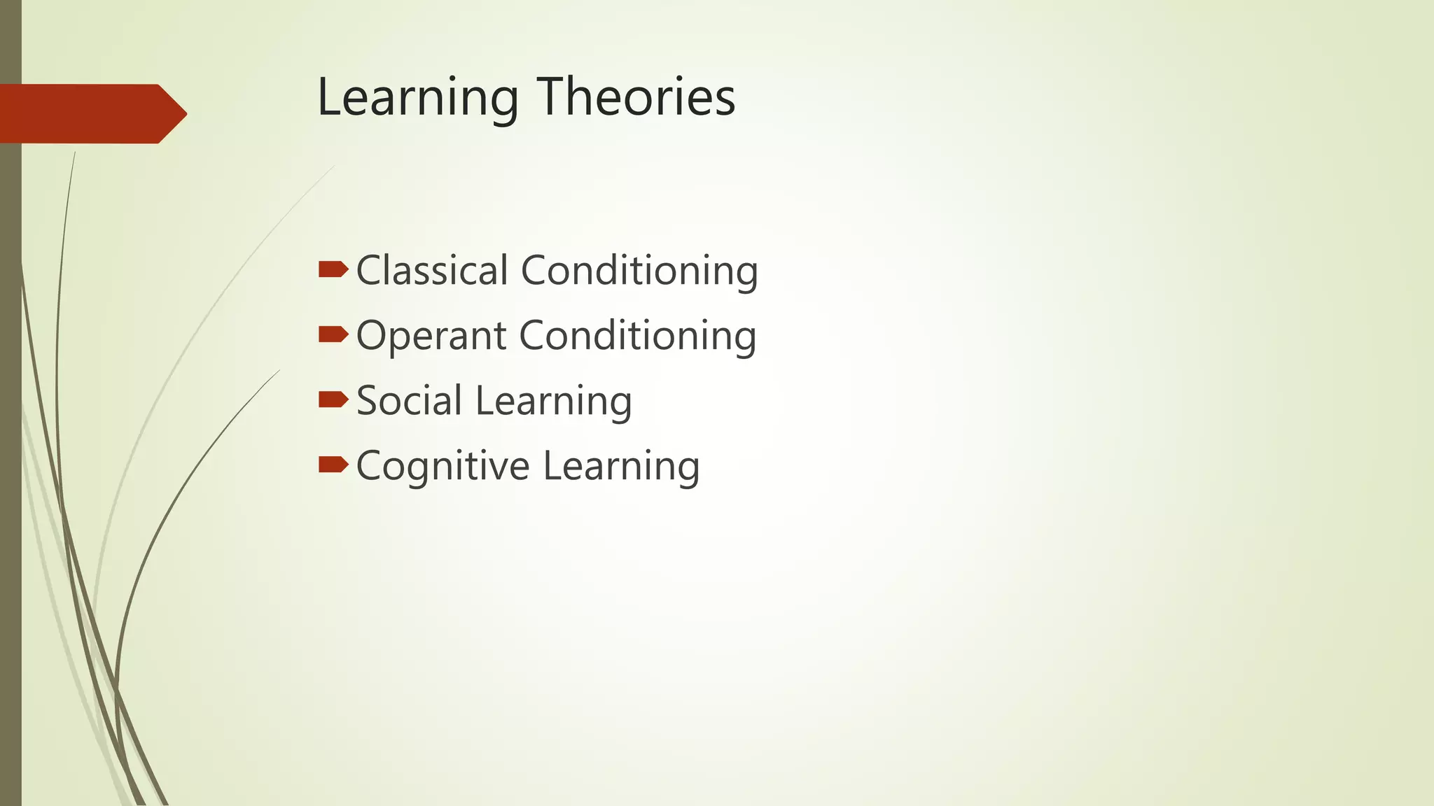 Learning Theories
Classical Conditioning
Operant Conditioning
Social Learning
Cognitive Learning
 