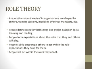 ROLE THEORY
• Assumptions about leaders’ in organizations are shaped by
culture, training sessions, modeling by senior managers, etc.
• People define roles for themselves and others based on social
learning and reading.
• People form expectations about the roles that they and others
will play.
• People subtly encourage others to act within the role
expectations they have for them.
• People will act within the roles they adopt.
 