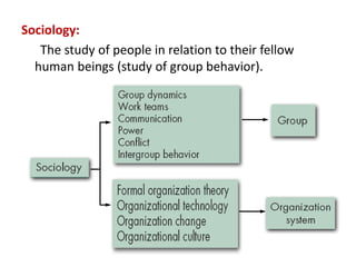 Sociology:
The study of people in relation to their fellow
human beings (study of group behavior).
 