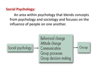 Social Psychology:
An area within psychology that blends concepts
from psychology and sociology and focuses on the
influence of people on one another.
 