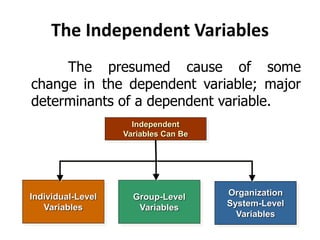 The Independent Variables
The presumed cause of some
change in the dependent variable; major
determinants of a dependent variable.
Independent
Variables Can Be
Individual-Level
Variables
Organization
System-Level
Variables
Group-Level
Variables
 