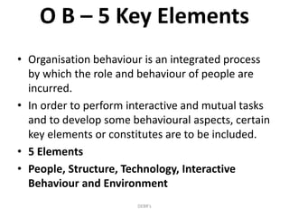 O B – 5 Key Elements
• Organisation behaviour is an integrated process
by which the role and behaviour of people are
incurred.
• In order to perform interactive and mutual tasks
and to develop some behavioural aspects, certain
key elements or constitutes are to be included.
• 5 Elements
• People, Structure, Technology, Interactive
Behaviour and Environment
DEBR's
 