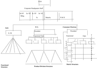 CEO
Corporate Headquaters Staff
Sr.VP Sr. VP Sr. VP Sr. VP
Mktg.
Fc Materls. R & D
G. M.
President President
Functional Grps.
F
u
n
c
t
i
o
n
a
l
F
u
n
c
t
i
o
n
a
l
G
r
p
s
Functional Grps
Functional
Structure Product Division Structure
Matrix Structure
Auto
P. C. Consumer Electron.
 