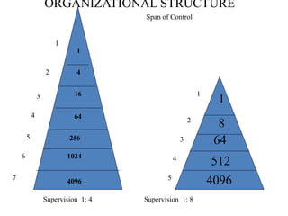ORGANIZATIONAL STRUCTURE
1
8
64
512
4096
1
2
3
4
5
1
4
16
64
256
1024
4096
1
2
3
4
5
6
7
Span of Control
Supervision 1: 4 Supervision 1: 8
 