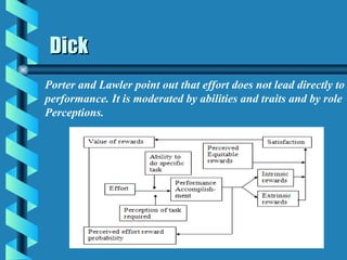Dick Porter and Lawler point out that effort does not lead directly to  performance. It is moderated by abilities and traits and by role  Perceptions. 