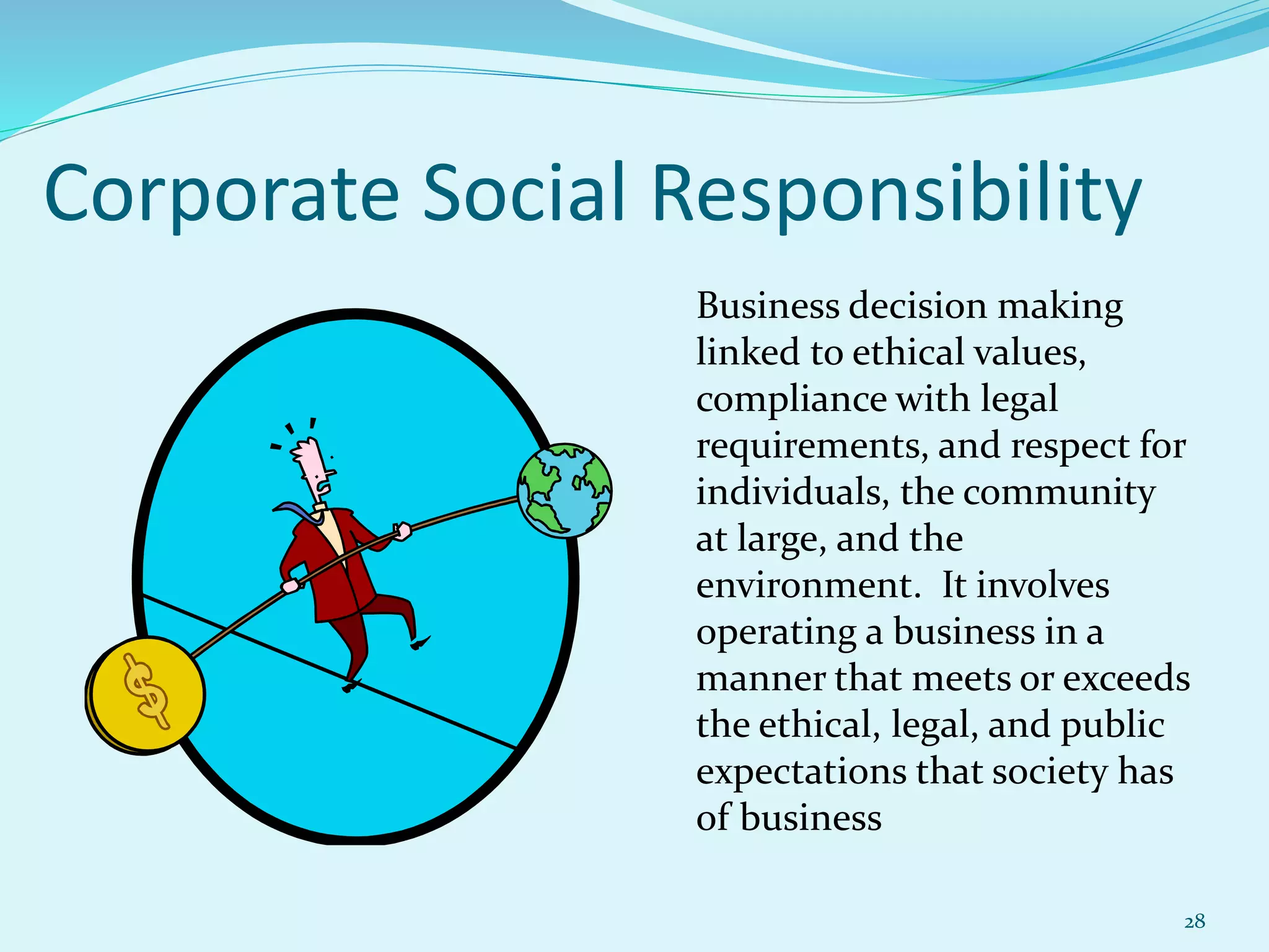 28
Corporate Social Responsibility
Business decision making
linked to ethical values,
compliance with legal
requirements, and respect for
individuals, the community
at large, and the
environment. It involves
operating a business in a
manner that meets or exceeds
the ethical, legal, and public
expectations that society has
of business
 