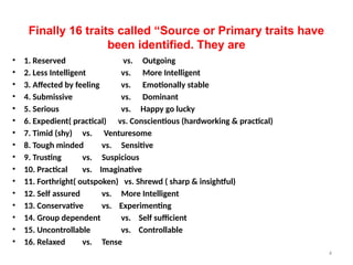4
Finally 16 traits called “Source or Primary traits have
been identified. They are
• 1. Reserved vs. Outgoing
• 2. Less Intelligent vs. More Intelligent
• 3. Affected by feeling vs. Emotionally stable
• 4. Submissive vs. Dominant
• 5. Serious vs. Happy go lucky
• 6. Expedient( practical) vs. Conscientious (hardworking & practical)
• 7. Timid (shy) vs. Venturesome
• 8. Tough minded vs. Sensitive
• 9. Trusting vs. Suspicious
• 10. Practical vs. Imaginative
• 11. Forthright( outspoken) vs. Shrewd ( sharp & insightful)
• 12. Self assured vs. More Intelligent
• 13. Conservative vs. Experimenting
• 14. Group dependent vs. Self sufficient
• 15. Uncontrollable vs. Controllable
• 16. Relaxed vs. Tense
 