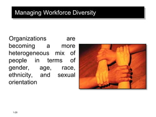 1-29
Managing Workforce Diversity
Organizations are
becoming a more
heterogeneous mix of
people in terms of
gender, age, race,
ethnicity, and sexual
orientation
 