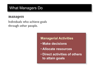 What Managers Do
Managerial Activities
• Make decisions
• Allocate resources
• Direct activities of others
to attain goals
 