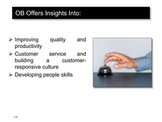 1-31
OB Offers Insights Into:
 Improving quality and
productivity
 Customer service and
building a customer-
responsive culture
 Developing people skills
 
