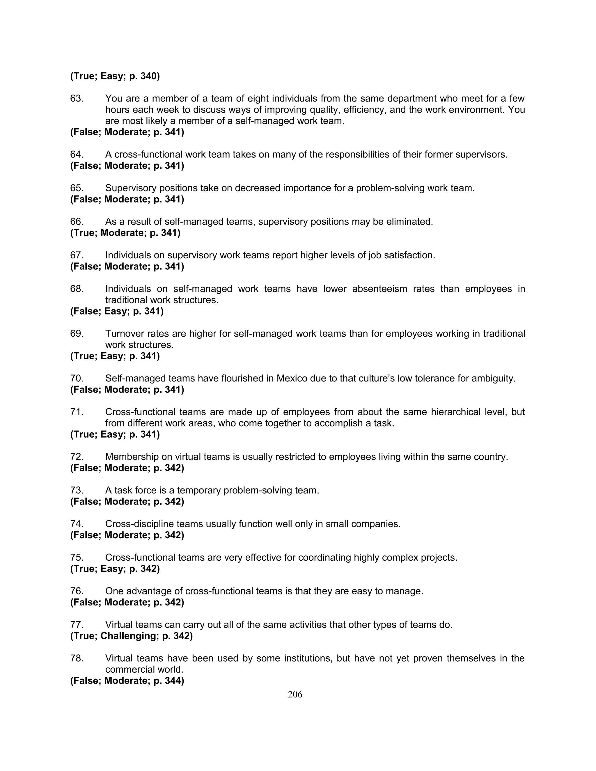 (True; Easy; p. 340)
63. You are a member of a team of eight individuals from the same department who meet for a few
hours each week to discuss ways of improving quality, efficiency, and the work environment. You
are most likely a member of a self-managed work team.
(False; Moderate; p. 341)
64. A cross-functional work team takes on many of the responsibilities of their former supervisors.
(False; Moderate; p. 341)
65. Supervisory positions take on decreased importance for a problem-solving work team.
(False; Moderate; p. 341)
66. As a result of self-managed teams, supervisory positions may be eliminated.
(True; Moderate; p. 341)
67. Individuals on supervisory work teams report higher levels of job satisfaction.
(False; Moderate; p. 341)
68. Individuals on self-managed work teams have lower absenteeism rates than employees in
traditional work structures.
(False; Easy; p. 341)
69. Turnover rates are higher for self-managed work teams than for employees working in traditional
work structures.
(True; Easy; p. 341)
70. Self-managed teams have flourished in Mexico due to that culture’s low tolerance for ambiguity.
(False; Moderate; p. 341)
71. Cross-functional teams are made up of employees from about the same hierarchical level, but
from different work areas, who come together to accomplish a task.
(True; Easy; p. 341)
72. Membership on virtual teams is usually restricted to employees living within the same country.
(False; Moderate; p. 342)
73. A task force is a temporary problem-solving team.
(False; Moderate; p. 342)
74. Cross-discipline teams usually function well only in small companies.
(False; Moderate; p. 342)
75. Cross-functional teams are very effective for coordinating highly complex projects.
(True; Easy; p. 342)
76. One advantage of cross-functional teams is that they are easy to manage.
(False; Moderate; p. 342)
77. Virtual teams can carry out all of the same activities that other types of teams do.
(True; Challenging; p. 342)
78. Virtual teams have been used by some institutions, but have not yet proven themselves in the
commercial world.
(False; Moderate; p. 344)
206
 