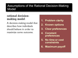 Assumptions of the Rational Decision-Making Model Problem clarity Known options Clear preferences Constant preferences No time or cost constraints Maximum payoff 