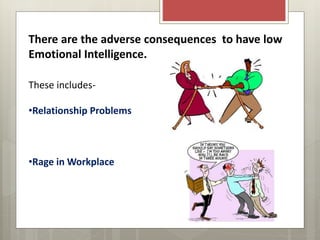 There are the adverse consequences to have low
Emotional Intelligence.
These includes-
•Relationship Problems
•Rage in Workplace
 