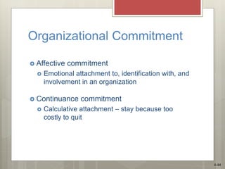 Organizational Commitment
 Affective commitment
 Emotional attachment to, identification with, and
involvement in an organization
 Continuance commitment
 Calculative attachment – stay because too
costly to quit
4-44
 