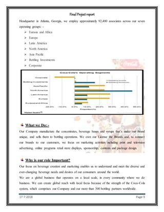 Final Project report
17-7-2018 Page 9
Headquarter in Atlanta, Georgia, we employ approximately 92,400 associates across our seven
operating groups: -
 Eurasia and Africa
 Europe
 Latin America
 North America
 Asia Pacific
 Bottling Investments
 Corporate
What we Do: -
Our Company manufacture the concentrates, beverage bases and syrups that’s make our brand
unique, and sells them to bottling operations. We own our License the Brands and, to connect
our brands to our customers, we focus on marketing activities including print and television
advertising, online programs retail store displays, sponsorship, contests and package design.
Why is our role Important?
Our focus on beverage creation and marketing enables us to understand and meet the diverse and
ever-changing beverage needs and desires of our consumers around the world.
We are a global business that operates on a local scale, in every community where we do
business. We can create global reach with local focus because of the strength of the Coca-Cola
system, which comprises our Company and our more than 300 bottling partners worldwide.
 