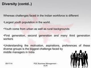 Diversity (contd..) 
Whereas challenges faced in the Indian workforce is different 
•Largest youth population in the world. 
•Youth come from urban as well as rural backgrounds 
•First generation, second generation and many third generation 
workers 
•Understanding the motivation, aspirations, preferences of these 
diverse groups is the biggest challenge faced by 
middle managers in India 
09/17/14 PGC Business Management - 28 
XLRI 
 