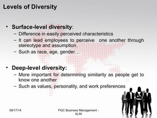 Levels of Diversity 
• Surface-level diversity: 
– Difference in easily perceived characteristics 
– It can lead employees to perceive one another through 
stereotype and assumption. 
– Such as race, age, gender… 
• Deep-level diversity: 
– More important for determining similarity as people get to 
know one another 
– Such as values, personality, and work preferences 
09/17/14 PGC Business Management - 30 
XLRI 
 