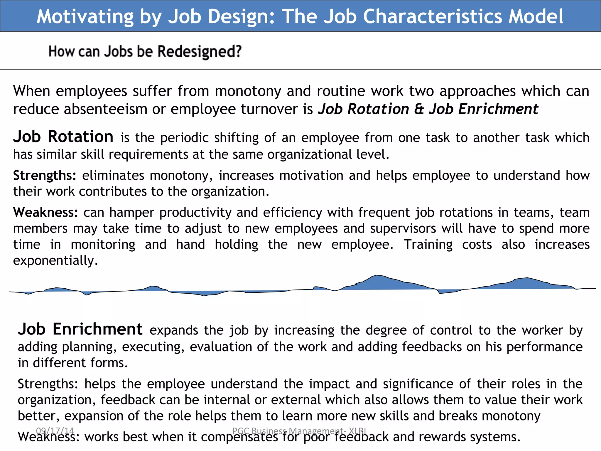 Motivating by Job Design: The Job Characteristics Model 
When employees suffer from monotony and routine work two approaches which can 
reduce absenteeism or employee turnover is Job Rotation & Job Enrichment 
Job Rotation is the periodic shifting of an employee from one task to another task which 
has similar skill requirements at the same organizational level. 
Strengths: eliminates monotony, increases motivation and helps employee to understand how 
their work contributes to the organization. 
Weakness: can hamper productivity and efficiency with frequent job rotations in teams, team 
members may take time to adjust to new employees and supervisors will have to spend more 
time in monitoring and hand holding the new employee. Training costs also increases 
exponentially. 
Job Enrichment expands the job by increasing the degree of control to the worker by 
adding planning, executing, evaluation of the work and adding feedbacks on his performance 
in different forms. 
Strengths: helps the employee understand the impact and significance of their roles in the 
organization, feedback can be internal or external which also allows them to value their work 
better, expansion of the role helps them to learn more new skills and breaks monotony 
Weakness: works best when it compensates for poor feedback and rewards systems. 09/17/14 PGC Business Management- XLRI 
 