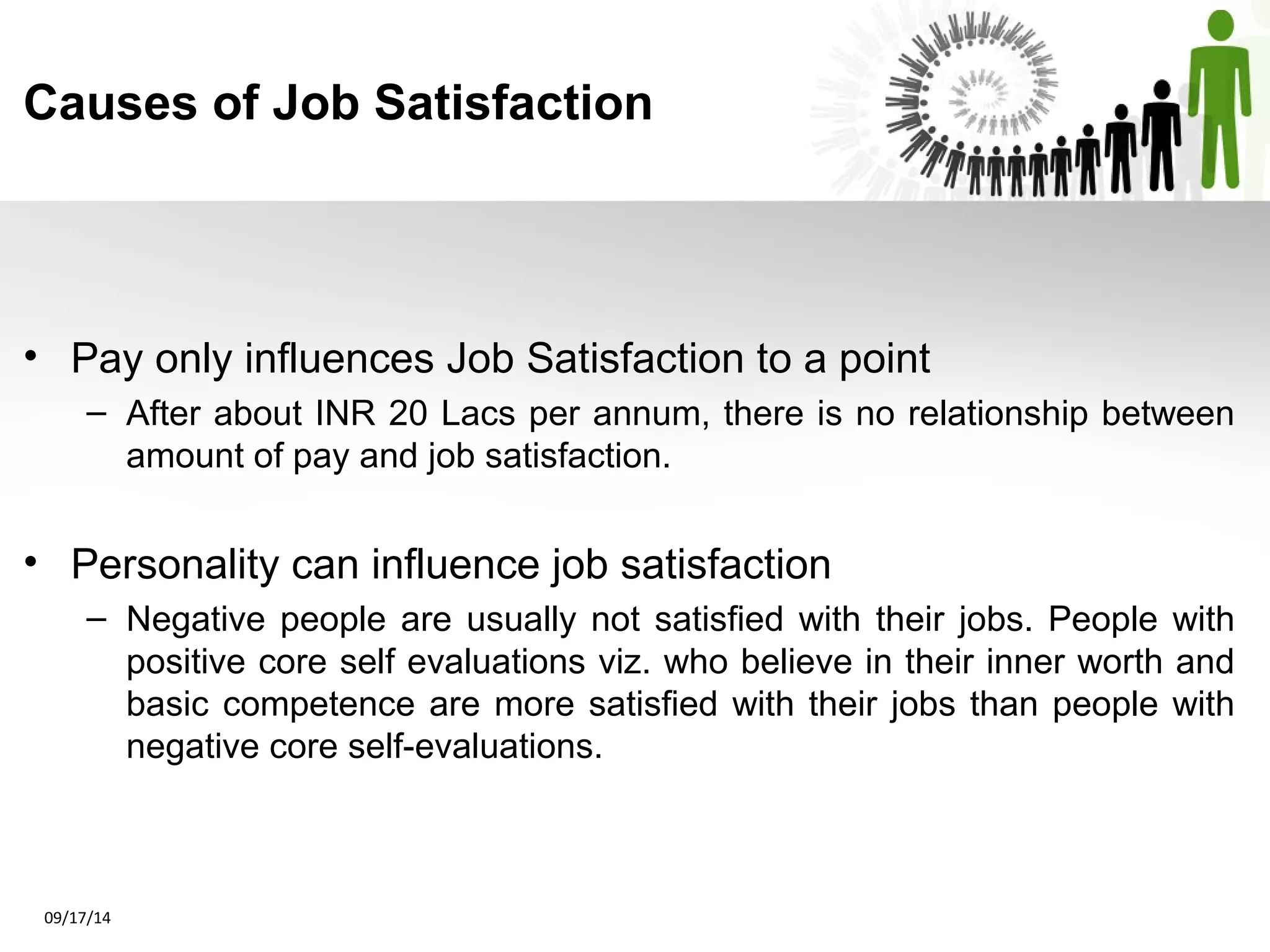 Causes of Job Satisfaction 
• Pay only influences Job Satisfaction to a point 
– After about INR 20 Lacs per annum, there is no relationship between 
amount of pay and job satisfaction. 
• Personality can influence job satisfaction 
– Negative people are usually not satisfied with their jobs. People with 
positive core self evaluations viz. who believe in their inner worth and 
basic competence are more satisfied with their jobs than people with 
negative core self-evaluations. 
09/17/14 
 