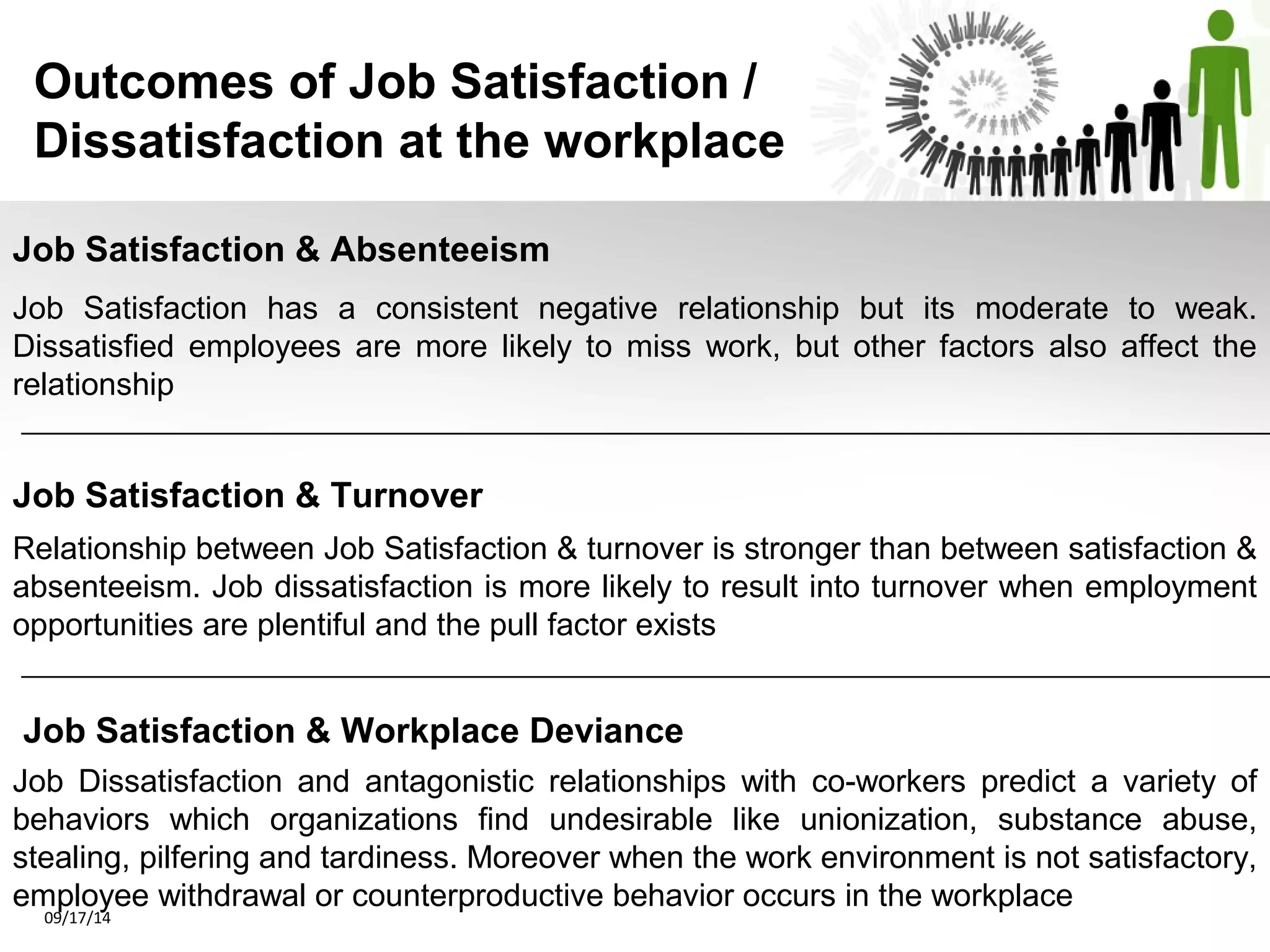 Outcomes of Job Satisfaction / 
Dissatisfaction at the workplace 
Job Satisfaction & Absenteeism 
Job Satisfaction has a consistent negative relationship but its moderate to weak. 
Dissatisfied employees are more likely to miss work, but other factors also affect the 
relationship 
Job Satisfaction & Turnover 
Relationship between Job Satisfaction & turnover is stronger than between satisfaction & 
absenteeism. Job dissatisfaction is more likely to result into turnover when employment 
opportunities are plentiful and the pull factor exists 
Job Satisfaction & Workplace Deviance 
Job Dissatisfaction and antagonistic relationships with co-workers predict a variety of 
behaviors which organizations find undesirable like unionization, substance abuse, 
stealing, pilfering and tardiness. Moreover when the work environment is not satisfactory, 
employee withdrawal or counterproductive behavior occurs in the workplace 
09/17/14 
 