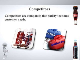 Competitors
Competitors are companies that satisfy the same
customer needs.
 