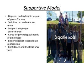 Supportive Model
• Depends on leadership instead
of power/money
• Self directed and creative
team
• Supports employee
performance
• Cares for psychological needs
of employees
• Better superior- subordinate
relationship
• Confidence and trust(eg) S/W
firms
 