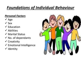 Foundations of Individual Behaviour
Personal Factors
 Age
 Sex
 Education
 Abilities
 Marital Status
 No. of dependants
 Creativity
 Emotional Intelligence
 Identity
 