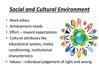 Social and Cultural Environment
• Work ethics
• Achievement needs
• Effort – reward expectations
• Cultural attributes like
educational system, media
conditioning, institutional
characteristics
• Values – individual judgement of right and wrong
 