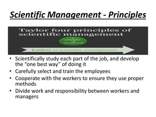 Scientific Management - Principles
• Scientifically study each part of the job, and develop
the “one best way” of doing it
• Carefully select and train the employees
• Cooperate with the workers to ensure they use proper
methods
• Divide work and responsibility between workers and
managers
 