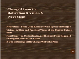    Motivation – Some Good Reason to Give up the Status Quo
   Vision – A Clear and Practical Vision of the Desired Future
    State
   Next Steps – an Understanding of the Next Steps Required
    to Progress Toward the Vision
   If One Is Missing, Little Change Will Take Place



                                                                  16
 