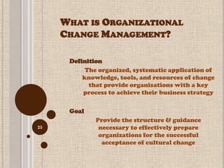 WHAT IS ORGANIZATIONAL
     CHANGE MANAGEMENT?

      Definition
           The organized, systematic application of
          knowledge, tools, and resources of change
            that provide organizations with a key
          process to achieve their business strategy

      Goal
              Provide the structure & guidance
25             necessary to effectively prepare
               organizations for the successful
                acceptance of cultural change
 