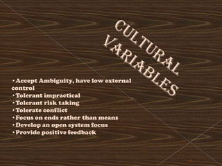•Accept Ambiguity, have low external
control
•Tolerant impractical
•Tolerant risk taking
•Tolerate conflict
•Focus on ends rather than means
•Develop an open system focus
•Provide positive feedback



                                       59
 