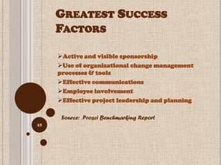 GREATEST SUCCESS
     FACTORS

     Active and visible sponsorship
     Use of organizational change management
     pro...