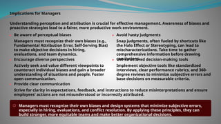 Implications for Managers
Understanding perception and attribution is crucial for effective management. Awareness of biases and
proactive strategies lead to a fairer, more productive work environment.
Be aware of perceptual biases
Managers must recognize their own biases (e.g.,
Fundamental Attribution Error, Self-Serving Bias)
to make objective decisions in hiring,
evaluations, and team dynamics.
Avoid hasty judgments
Snap judgments, often fueled by shortcuts like
the Halo Effect or Stereotyping, can lead to
mischaracterizations. Take time to gather
comprehensive information before drawing
conclusions.
Encourage diverse perspectives
Actively seek and value different viewpoints to
counteract individual biases and gain a broader
understanding of situations and people. Foster
open communication.
Use structured decision-making tools
Implement objective tools like standardized
interviews, clear performance rubrics, and 360-
degree reviews to minimize subjective errors and
base decisions on measurable criteria.
Provide clear communication
Strive for clarity in expectations, feedback, and instructions to reduce misinterpretations and ensure
employees' actions are not misunderstood or incorrectly attributed.
Managers must recognize their own biases and design systems that minimize subjective errors,
especially in hiring, evaluations, and conflict resolution. By applying these principles, they can
build stronger, more equitable teams and make better organizational decisions.
 